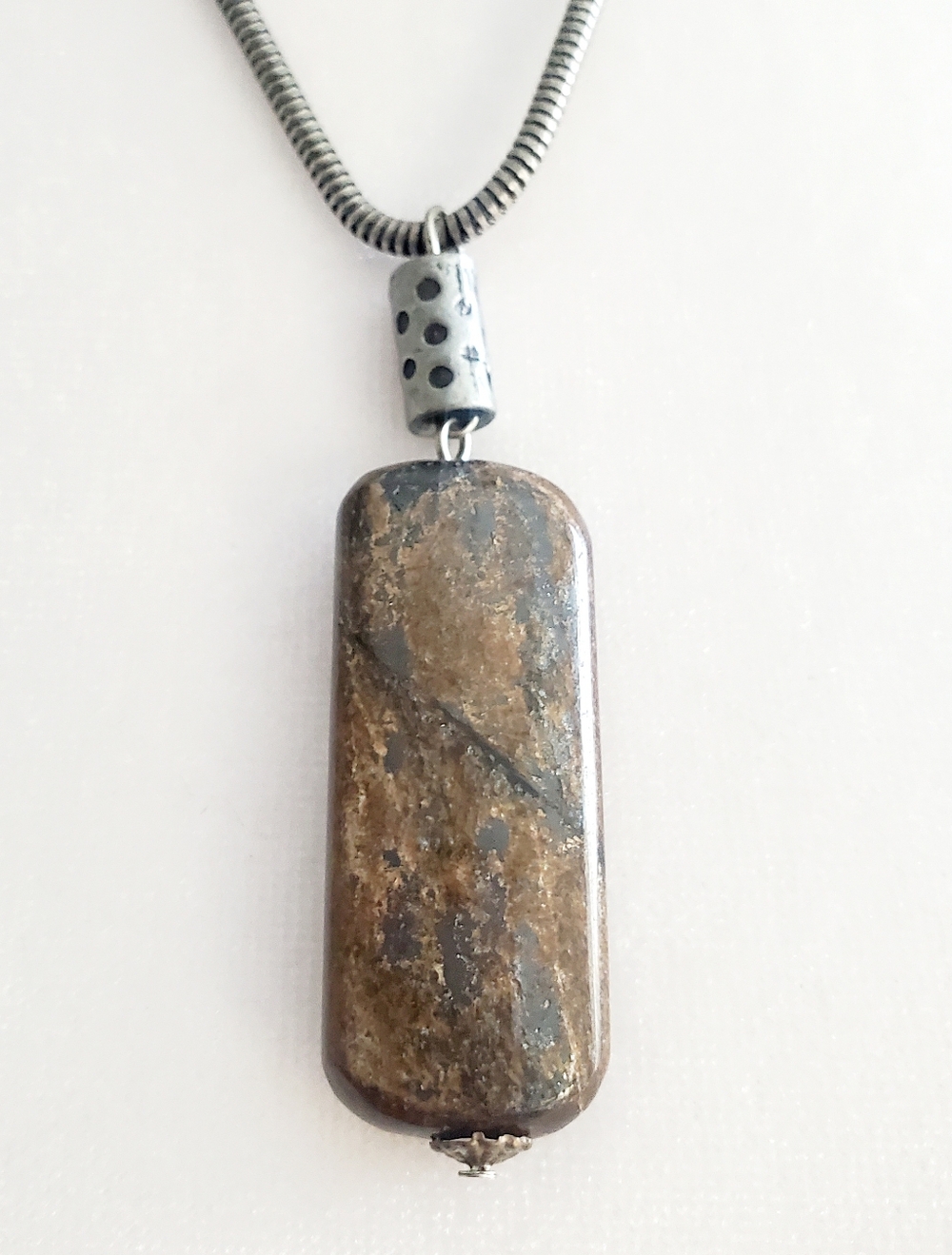 Men's Brown Rectangular Granite Stone Pendant Snake Chain Necklace Silver Pewter